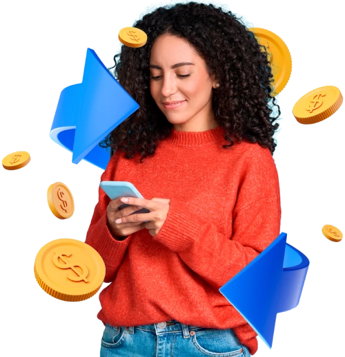 Menina segurando o celular com moedas e setas em volta